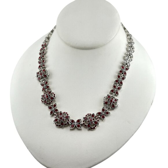 Napier Vintage Red Rhinestone Flower Statement Necklace Silver Tone - Picture 2 of 9